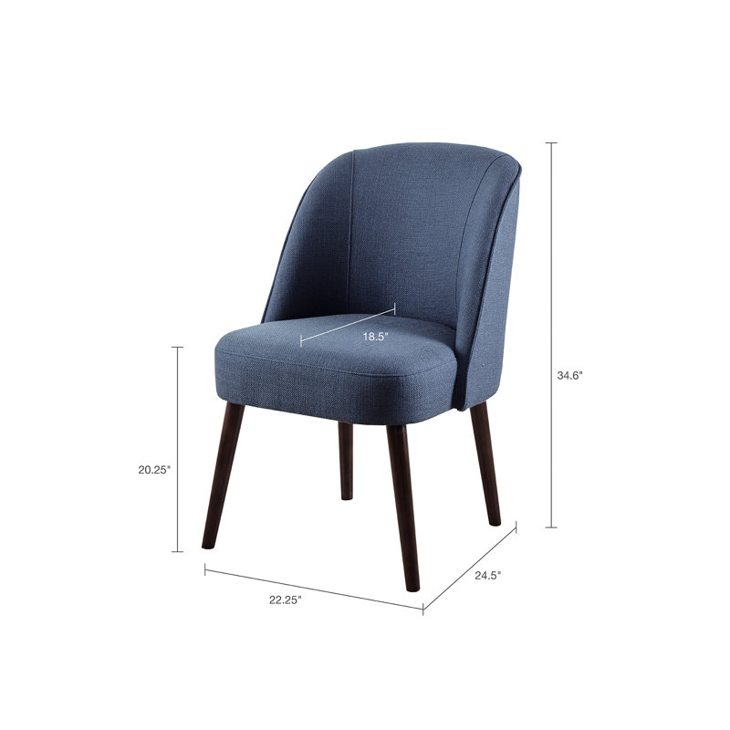 Chaise de salle à manger en bois avec revêtement en tissu bleu texturé, dossier arrondi - housse, pieds, coussin de 6,25 po