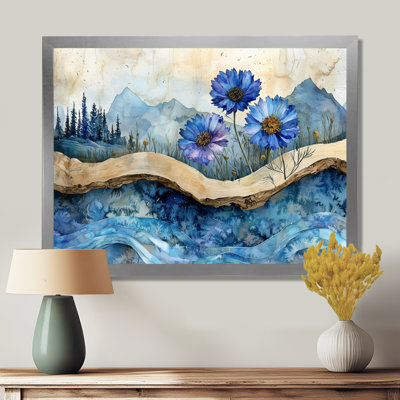 Turquoise bleuet fleurs et rivière en bois paysage IV - bleuet, art mural
