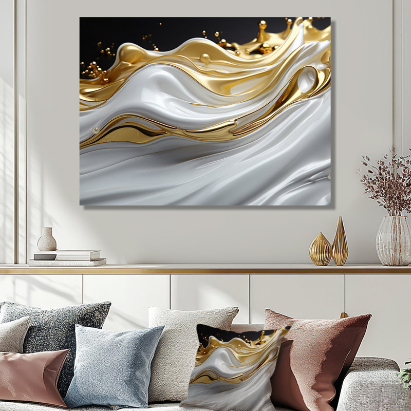 «Flowing Golden Sunshine I» - art mural abstrait à encre liquide, Toile tendue, H 12 po x l 20 po x P 1 po