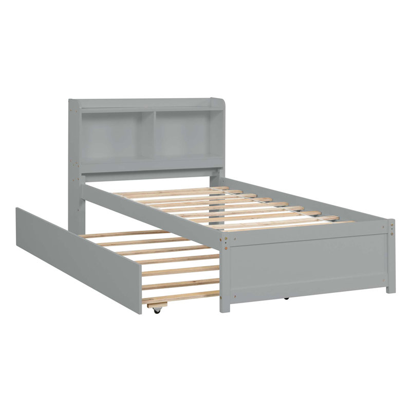 Twin Bed With Trundle,Bookcase, Grey, Twin