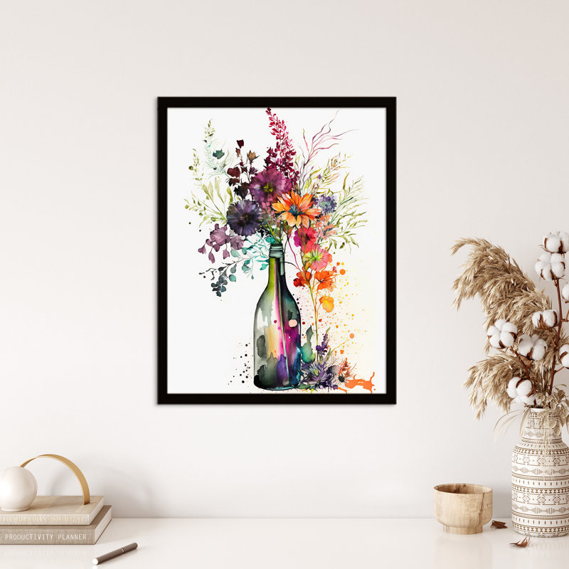 Wine Bottle Flowers Orange Pink Purple Blooms 1 Piece Single Picture Frame Wall Art