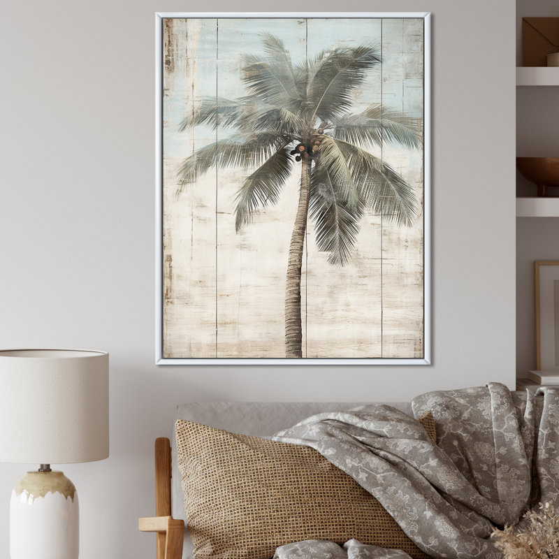 Palmier tropical dans des couleurs rétro délavées - prairie, art mural, H 20 po x l 12 po x P 1 po, Cadre flottant blanc