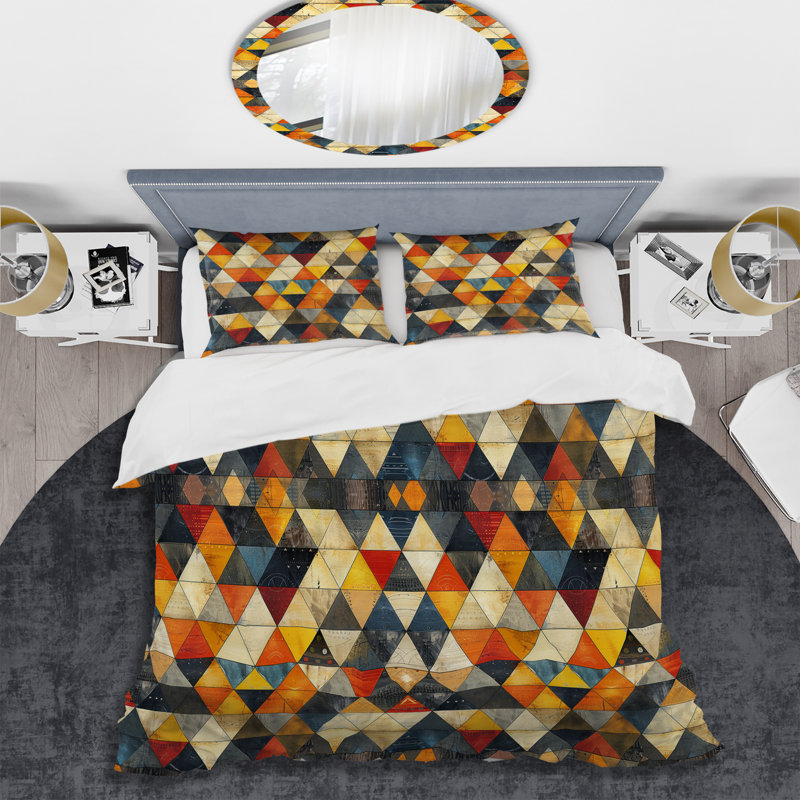 Ensemble de housse de couette géométrique orange et jaune, Housse de couette très grand + 2 taies décorativ