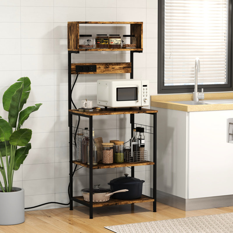 Rustic Brown Kitchen Shelving. Power Outlet & . Adjustable Shelves, 5 Hooks. For Appliances. Microwave Stand, Coffee Bar. 23.5" W Storage Rack. . 60.25" H