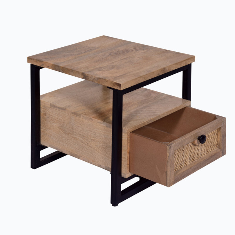 Table de chevet 18 po, 1 tiroir, rangement ouvert, bois de manguier brun naturel avec cadre rectangulaire en fer noir_ H 18 po x l 16 po x P 18 po