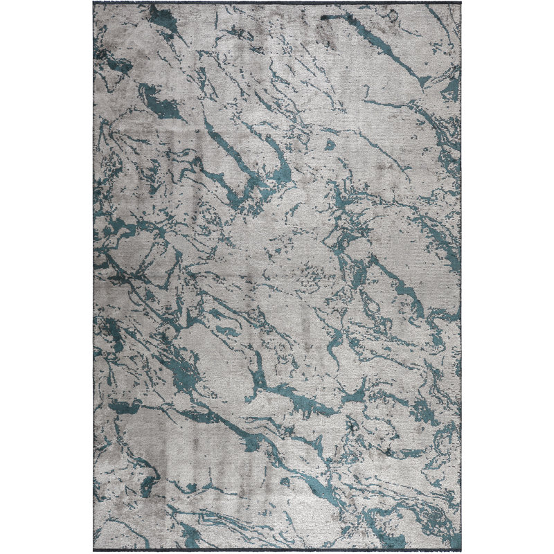 Rapture Abstract Area Rug in Siver Gray/Teal Blue, Rectangle 7'10" x 11'2"