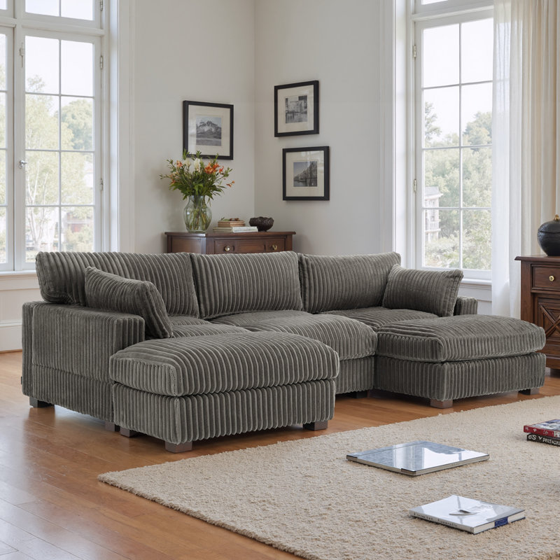 4 - Piece Upholstered Light Gray Faux Rabbit Fur Flannel Reversible Modular Sofa Living Room Sectional Couch with Ottoman