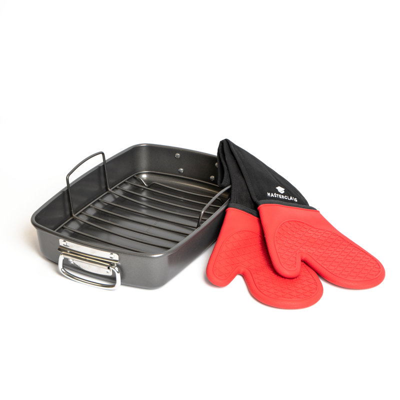 2pc Roasting Set with Non-Stick Large Roasting Tin & Rack, Silicone Double Oven Gloves