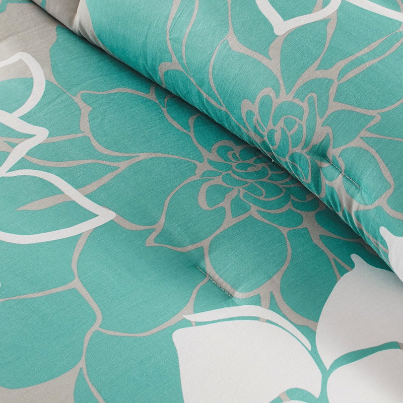 Bedding Comforter - Cotton With Oversized Floral, , Bed Skirt, 3 Pillows 200Tc Print, Ornamental, Aqua