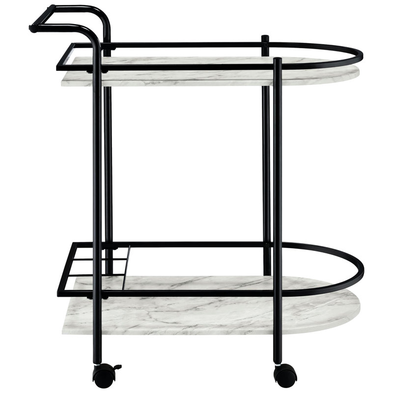 Chariot de service moderne avec tablettes en faux marbre blanc et cadre en métal pour les réceptions de porte-bouteilles de vin noir