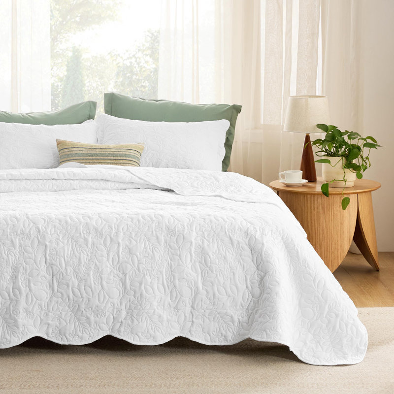 Ensemble de courtepointe prélavée Literie - Couvre-lit ultra doux, Feuille blanche