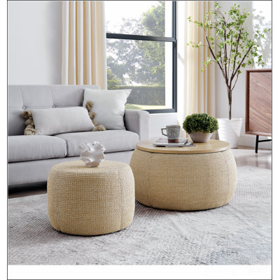 Round Storage Ottoman, Woven rattan fabric Ottoman, 2 in 1 Function, Work as End table and Ottoman,with small seat-nature(25"x25"x14.7") by Lark Manor