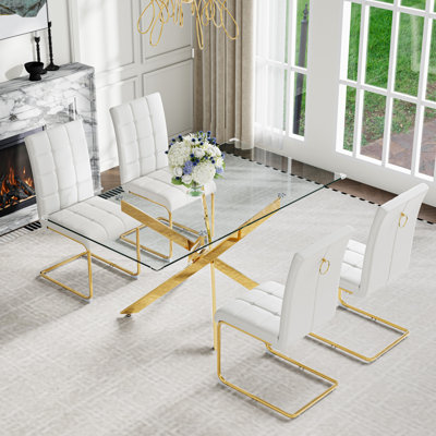 5-Piece Modern Dining Set – Tempered Glass Table With Stainless Steel Base And 4 Faux Leather Chairs