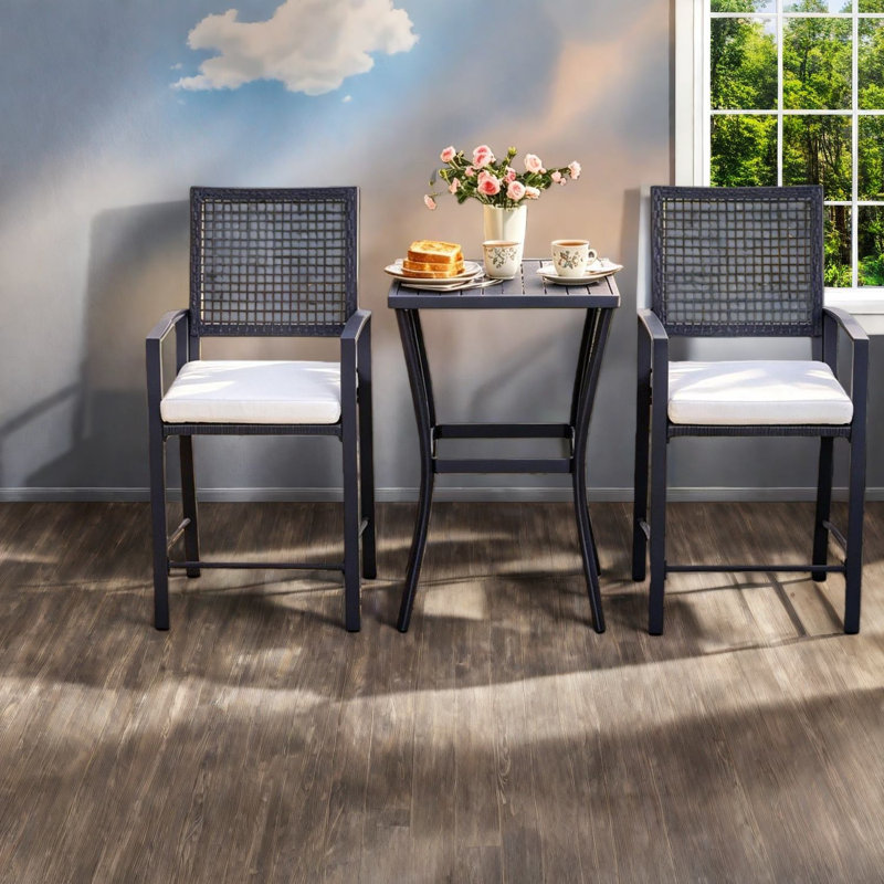 Modern Patio Bar Sets, Steel Rattan Compact 3 Piece Set For Entertaining