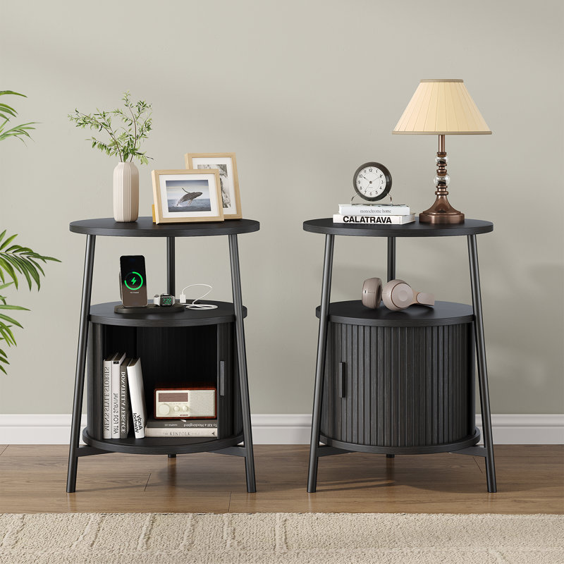 2-Pack Round End Table (Set Of 2) With Charging Station & Sliding Tambour Door, Fluted Side Table With Storage, Black, 2