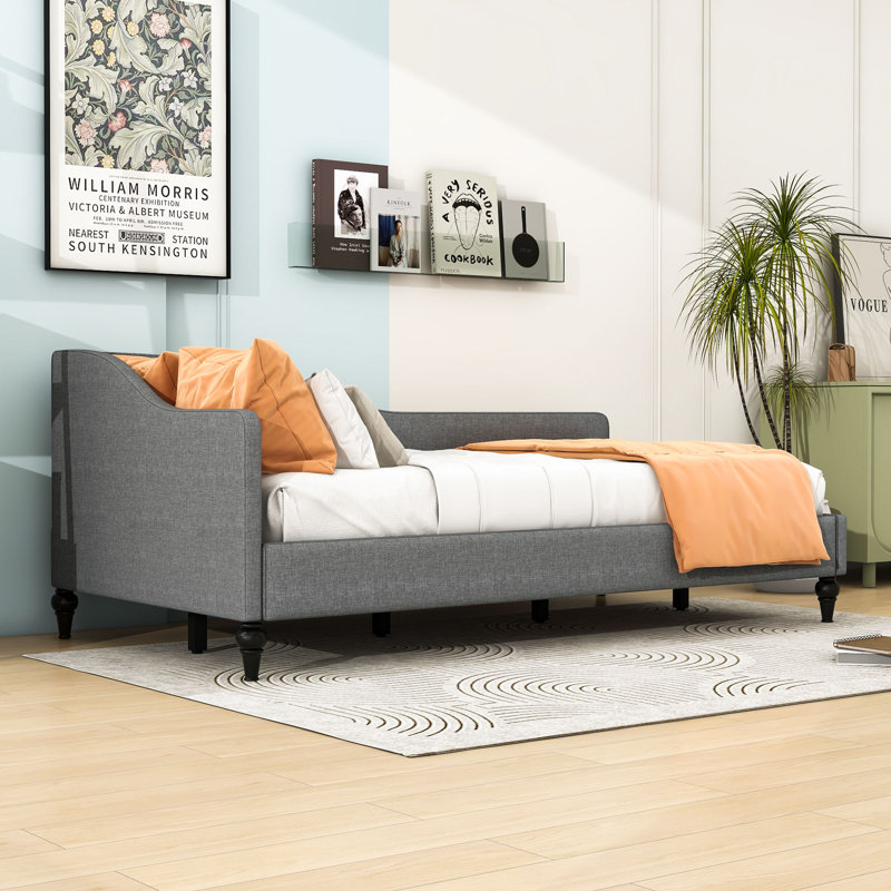 Wood Upholstered Daybed with Legs and Backrest, Twin, Gray