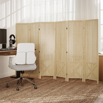 4.7' 6 Panel Room Divider with Pegboard Display for Indoor, Natural