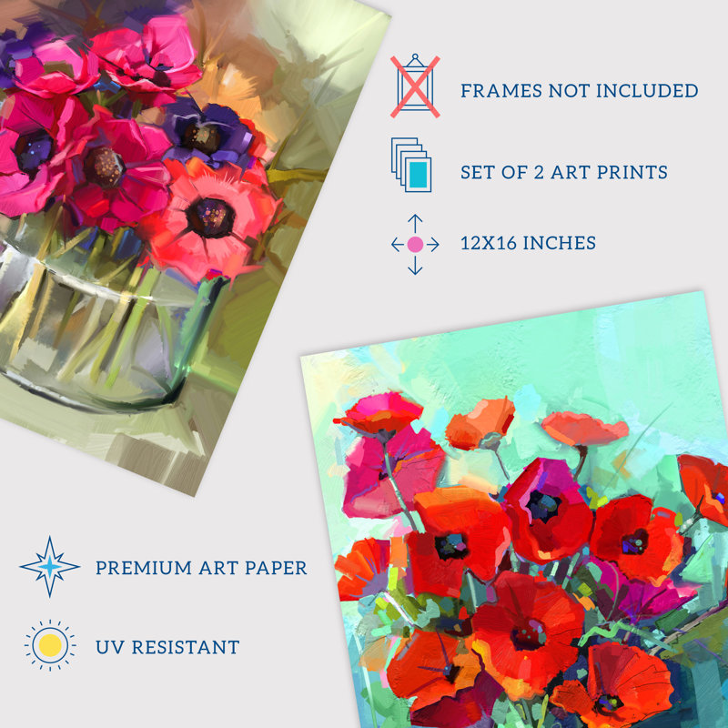 Red Purple Poppy Flowers Bouquet Vase Floral Botanical - 2 Piece No Frame Print Set, 40.5cm H x 30.5cm W x 0.3cm D