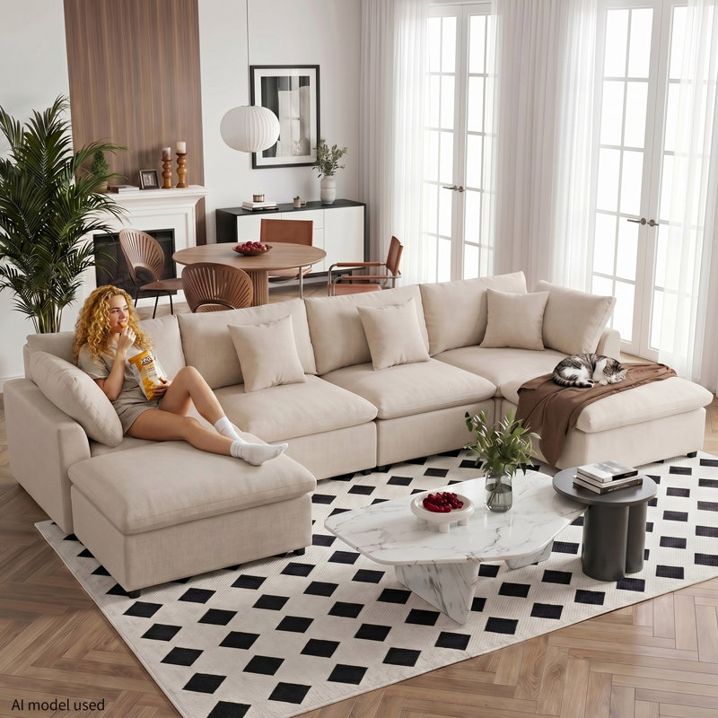 142.8" Modular Sectional Sofa 6 Piece Chenille Deep Seat Cloud Corner Couch With Reversible Ottomans & Pillows