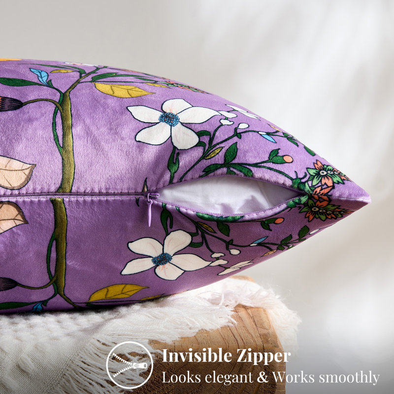 Velvet Floral Hummingbird Pillow Covers, Whimsical Home Decorative Sofa Bed Covers, Square 20", Purple