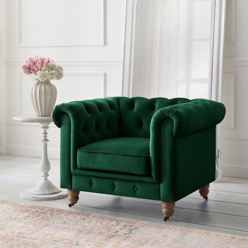 Fauteuil club Chesterfield Shabby Elegance Elina, Velours vert forêt