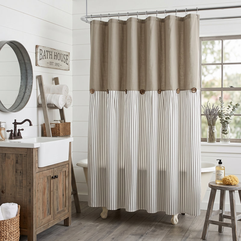 Rideau de douche de style ferme, à rayures beige et marron, en coton tissé, style rustique chic, 183 x 213 cm, rideau de douche décoratif pour salle de bain.