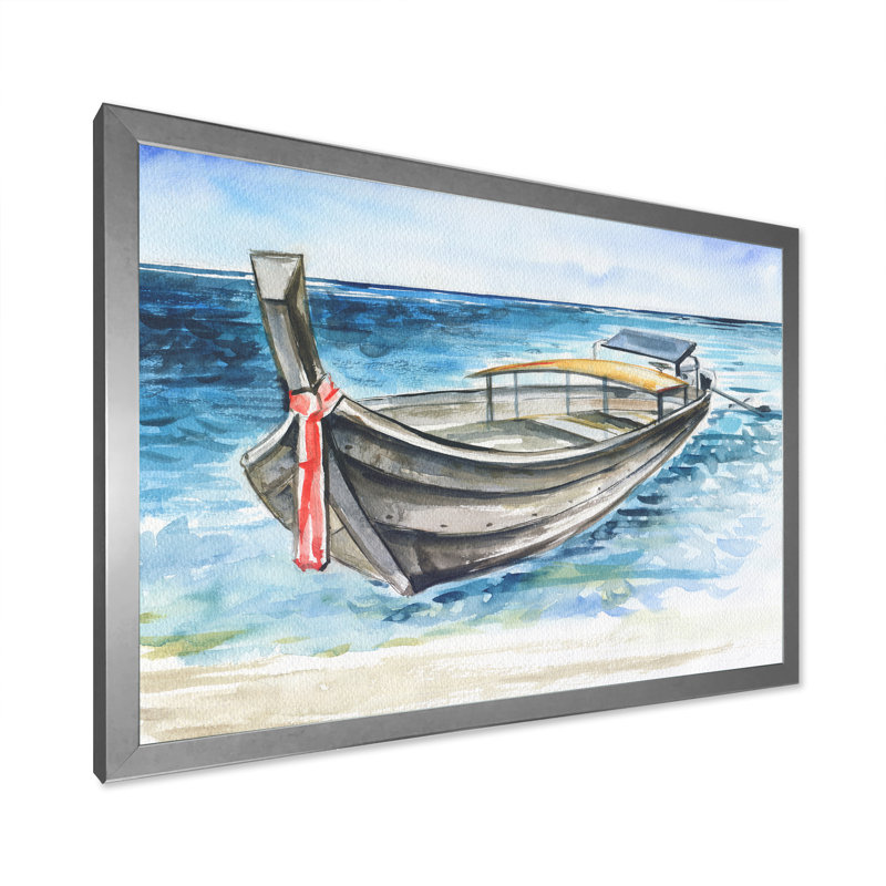 Sloop on Tropical Beach - Peinture sur toile, H 24 po x l 32 po, Cadre de coin argenté fermé