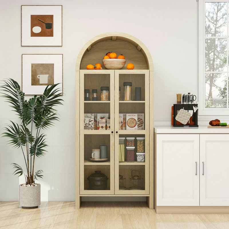 Garde-manger arqué de 70,28 po de hauteur, armoires de cuisine en bois de style campagne moderne, armoire de rangement arquée avec tablettes réglables, armoire polyvalente pour la cuisine, la salle à manger et le salon