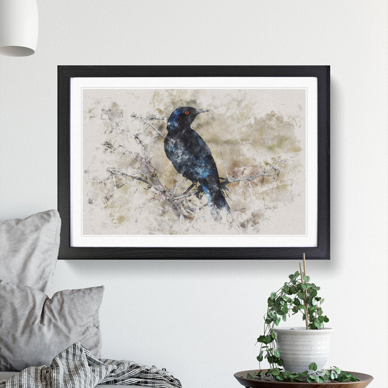 Starling Bird Watercolour - Picture Frame Graphic Art, 27cm H x 36cm W x 2cm D, Black