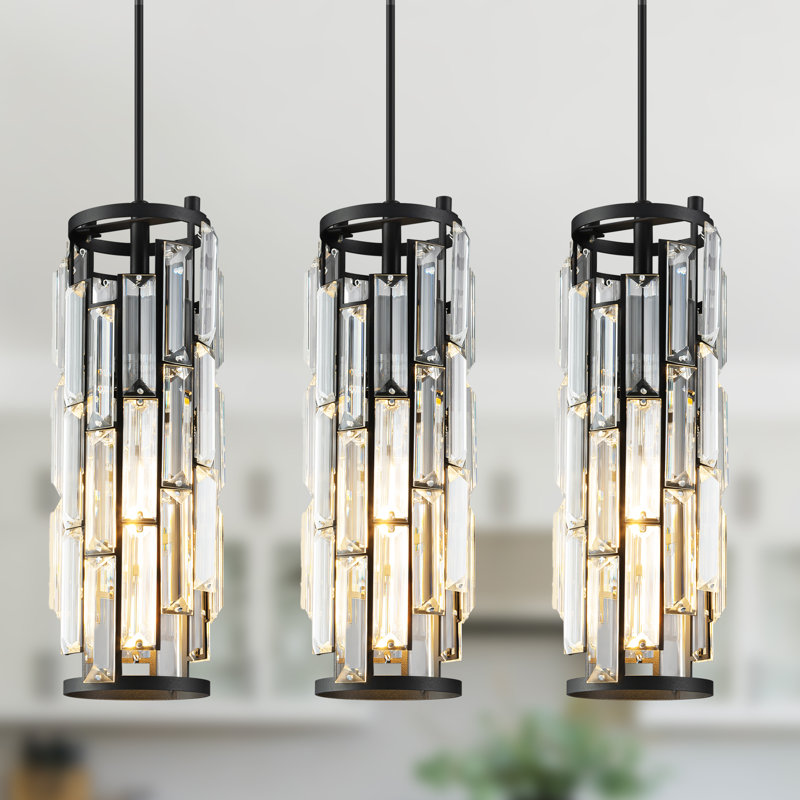 Taveyon Crystal Cylinder Pendant Lights Kitchen Island, Matte Black, 3 Lights