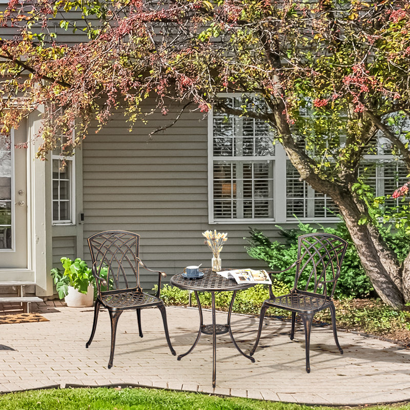 Ensemble bistro 3 pièces, chaises et table en fonte d'aluminium avec trou pour parasol, couleur bronze
