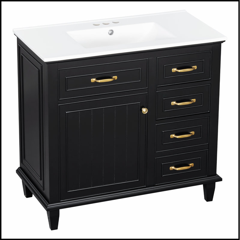 Meuble-lavabo de 36 pouces avec lavabo en céramique, structure en bois massif, armoire en bois aggloméré et peuplier, tiroirs rabattables, tablette réglable et poignées en alliage de zinc