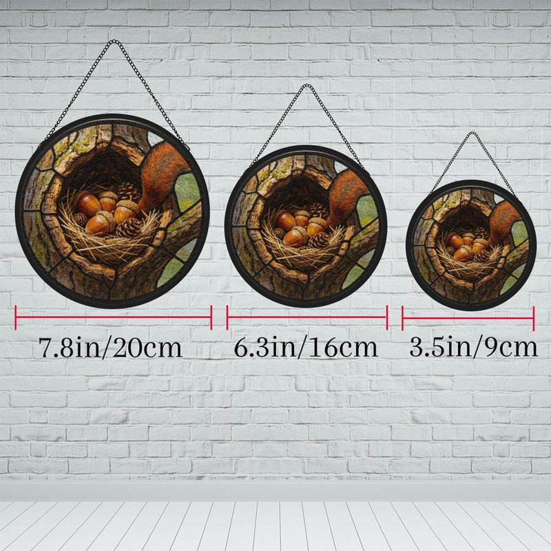 Écureuil, queue, glands, pommes de pin, nid, arbre, vitrail creux, panneaux de verre pour décoration de fenêtre
