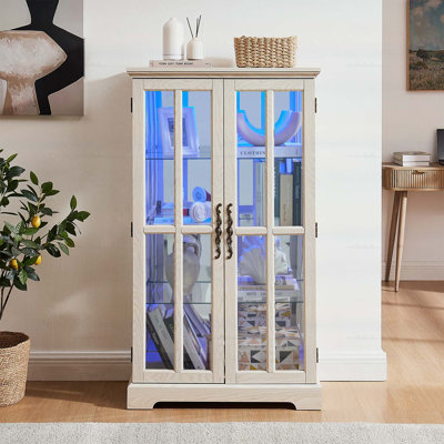 Armoire haute blanche en verre à double treillis avec bande lumineuse RVB en couleur et 3 tablettes réglables pour un rangement et une présentation polyvalents