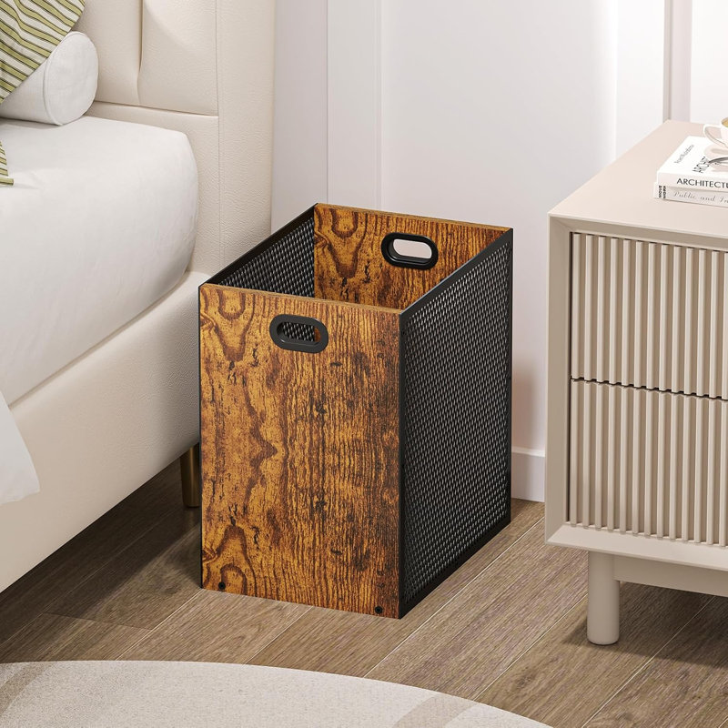 Poubelle de chambre à coucher rétro, poubelle combinée en fer et en bois pour chambre à coucher, poubelle rectangulaire avec poignée, poubelle de style industriel pour bureau à domicile