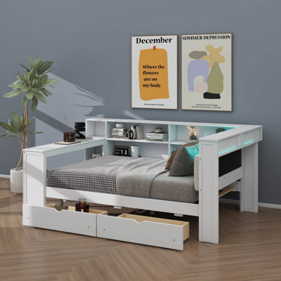 Wood Full-Size Platform Bed With Storage, Charging Station, LED, Desk, And Upholstered Headboard