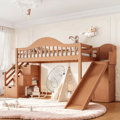 Twin Loft Bed with Storage Stairs, Slide & Built-in Wardrobe, Stylish High Guardrail,wood Loft Bed Frame for Bedroom,dorms,guests. Walnut