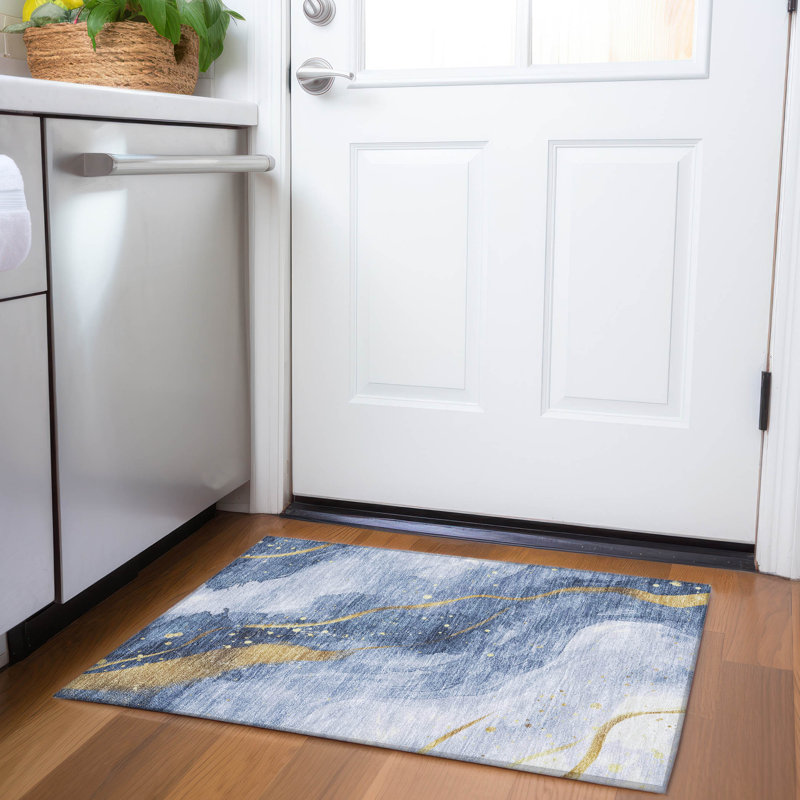 Tapis bleu intérieur / extérieur lavable à la machine Claudian ACN1529, Rectangle 1 pi 8 po x 2 pi 6 po