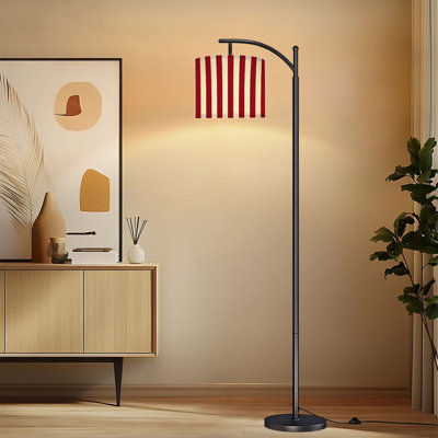 Arc Floor Lamp with Adjustable Lampshade Red Cream Vertical Striped Minimalist Design Standing Lamp 3 Color Temperatures Dimmable Tall Pole Lamp with Foot Switch for Bedroom