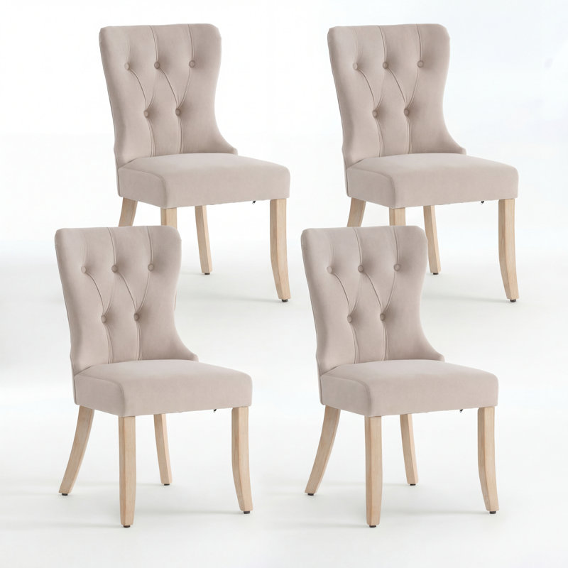 Chaise de salle à manger rembourrée avec bouton - dossier capitonné et pieds en bois (ensemble de 4), Beige clair, 4
