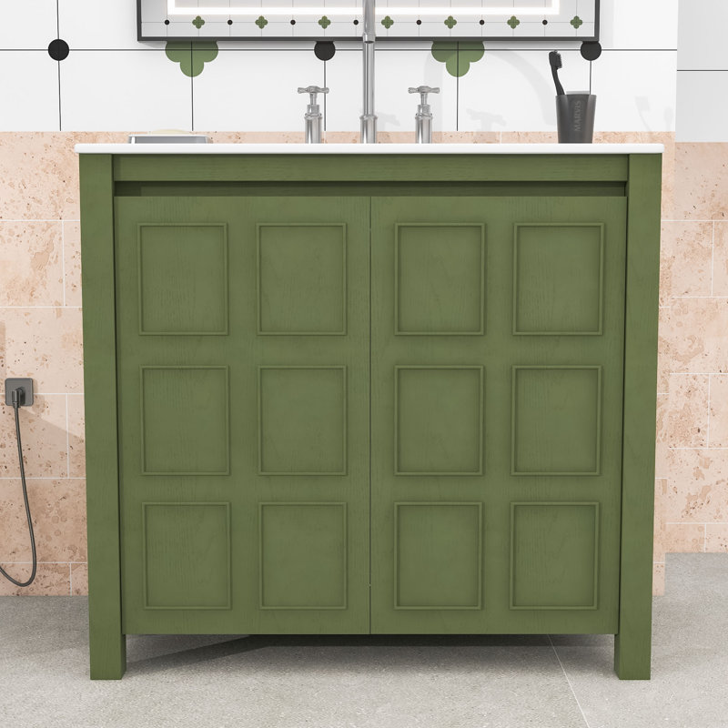 Bathroom Vanity with Ceramic Sink, Storage Shelves and Soft-Close Doors, Olive Green