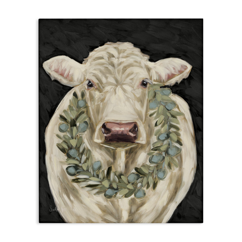 «Cow with Holiday Wreath», art mural sur toile par Sara G. Designs, H 30 po x l 24 po