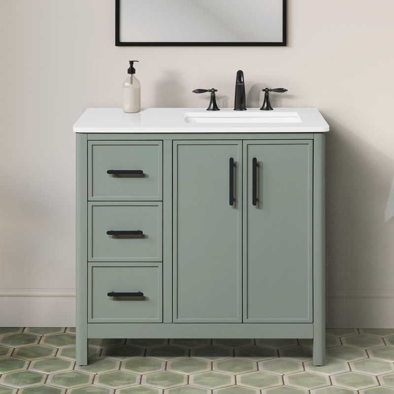 OVE Decors Solas 36 In. Single Sink Freestanding Sage Green Bathroom Vanity With White Engineered Stone Top, Sage Green, 36"
