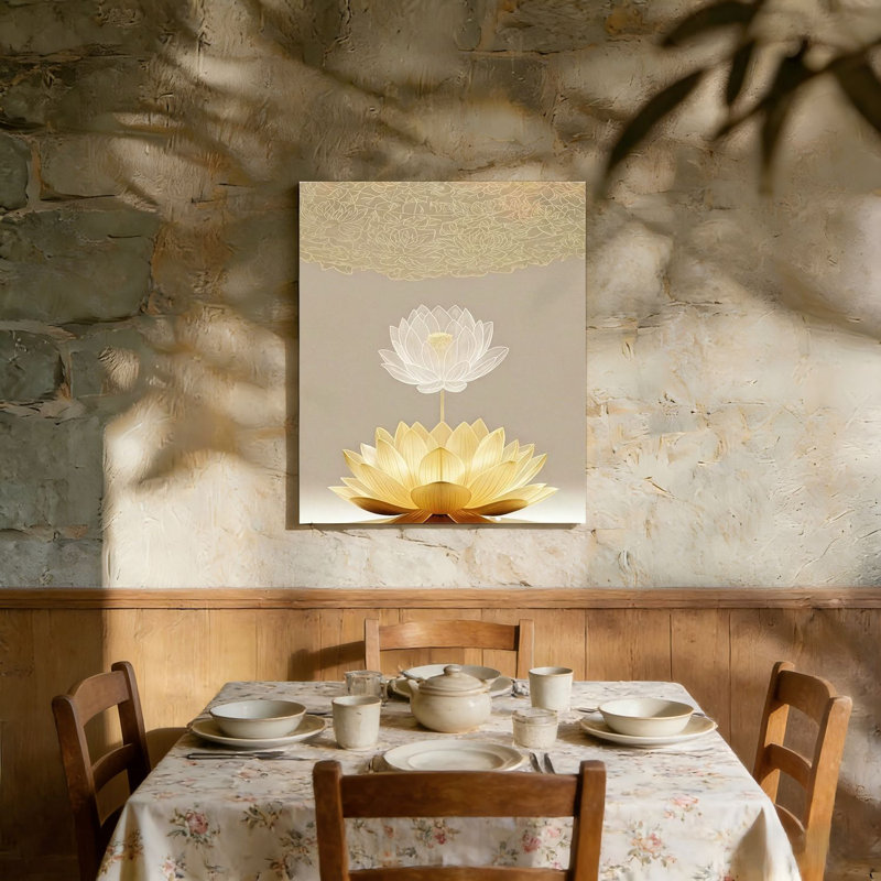 Toile de fleur de lotus dorée, cadre mural en bois à l'arrière 36 po x 24 po