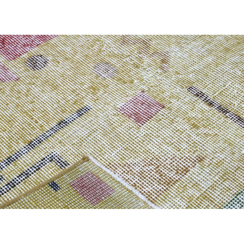 Tapis de couloir unique en laine noué à la main de style années 1960 de 3 pi 1 po x 10 pi 6 po en jaune / rose / vert