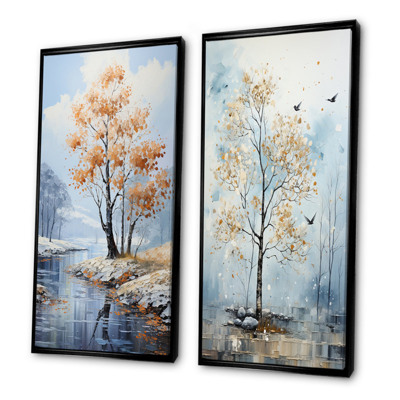 Doux tons de bleu érable - arbre érable, ensemble de 2 reproductions d'art sur toile, Cadre flottant noir, H 28 po x l 25 po