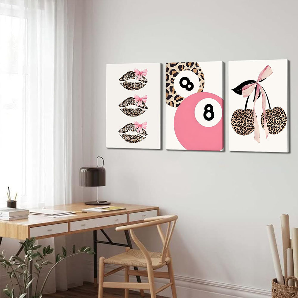 Trendy Leopard Bow Canvas Wall Art Set Of 3 Funky Cherry Lucky 8 Ball Posters Prints Cute Coquette Preppy Room Aesthetic Wall Decor Pictures For Bedro