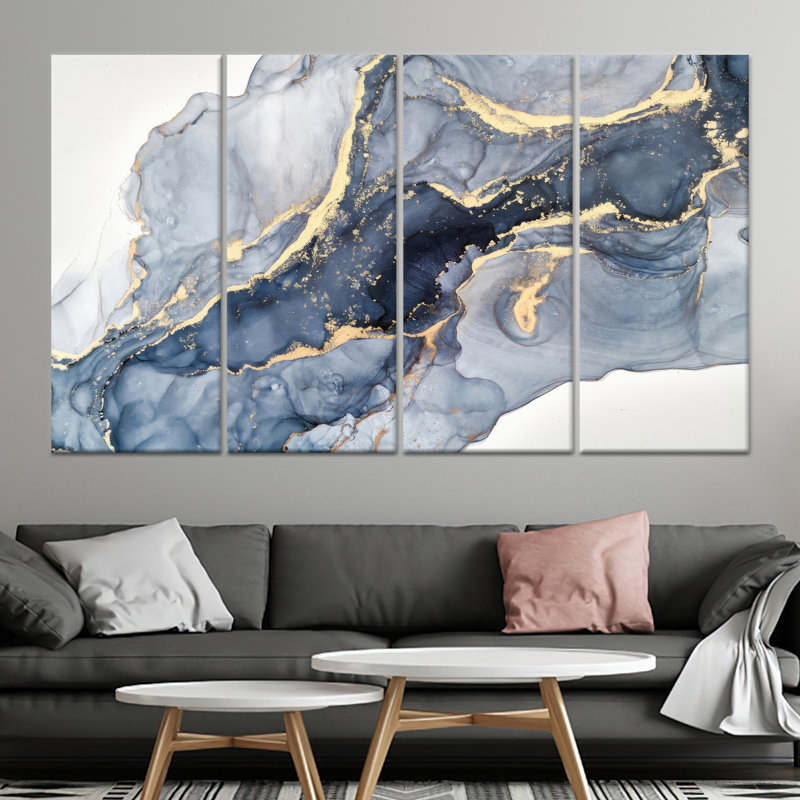Modern Abstract Blue & Gold Marble Print Canvas Artwork,4P Wrapped Canvas, H: 43.3 x W:63 inches
