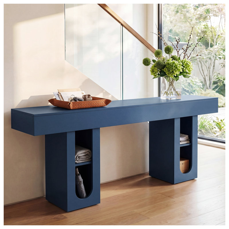 Console OMCHOM de 63 pouces avec prises de courant, canapé d'entrée bleu avec tablette de rangement, table de couloir étroite pour le salon, panneau de particules et panneau de fibres à densité moyenne