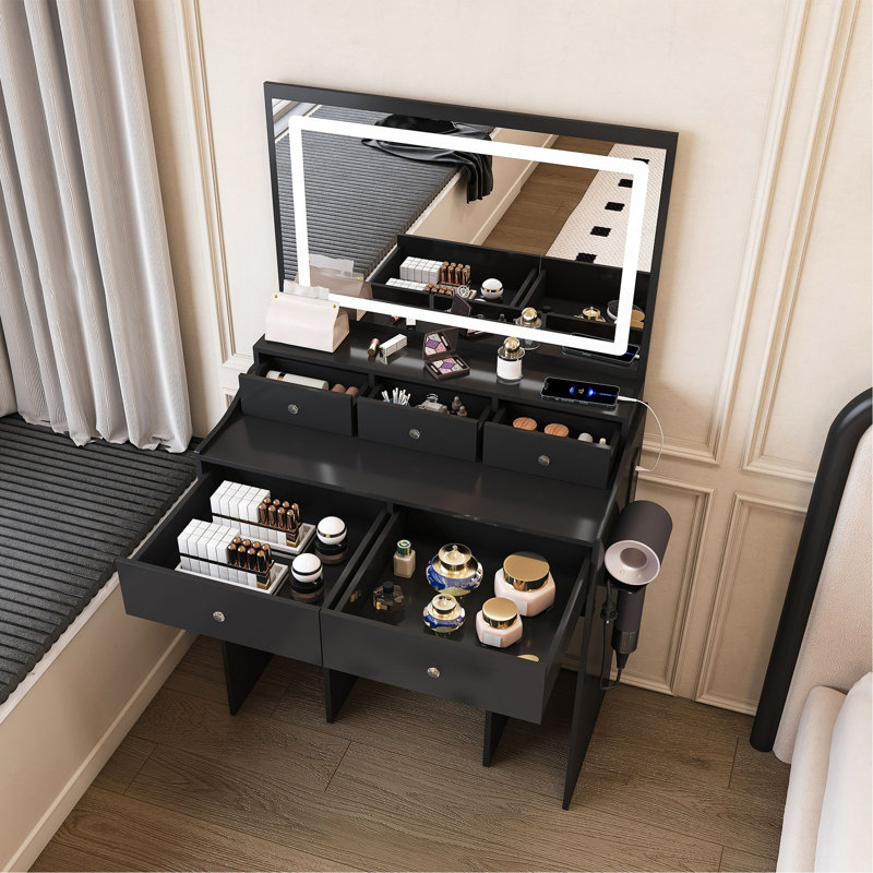 New Large Mirror Vanity Desk For Bed Room  , Modern Makeup Vanity Set With Power Outlet And Hair Dryer Holder, 5 Drawers , 3 Lighting Color Adjustable Dressing Table For Bedroom